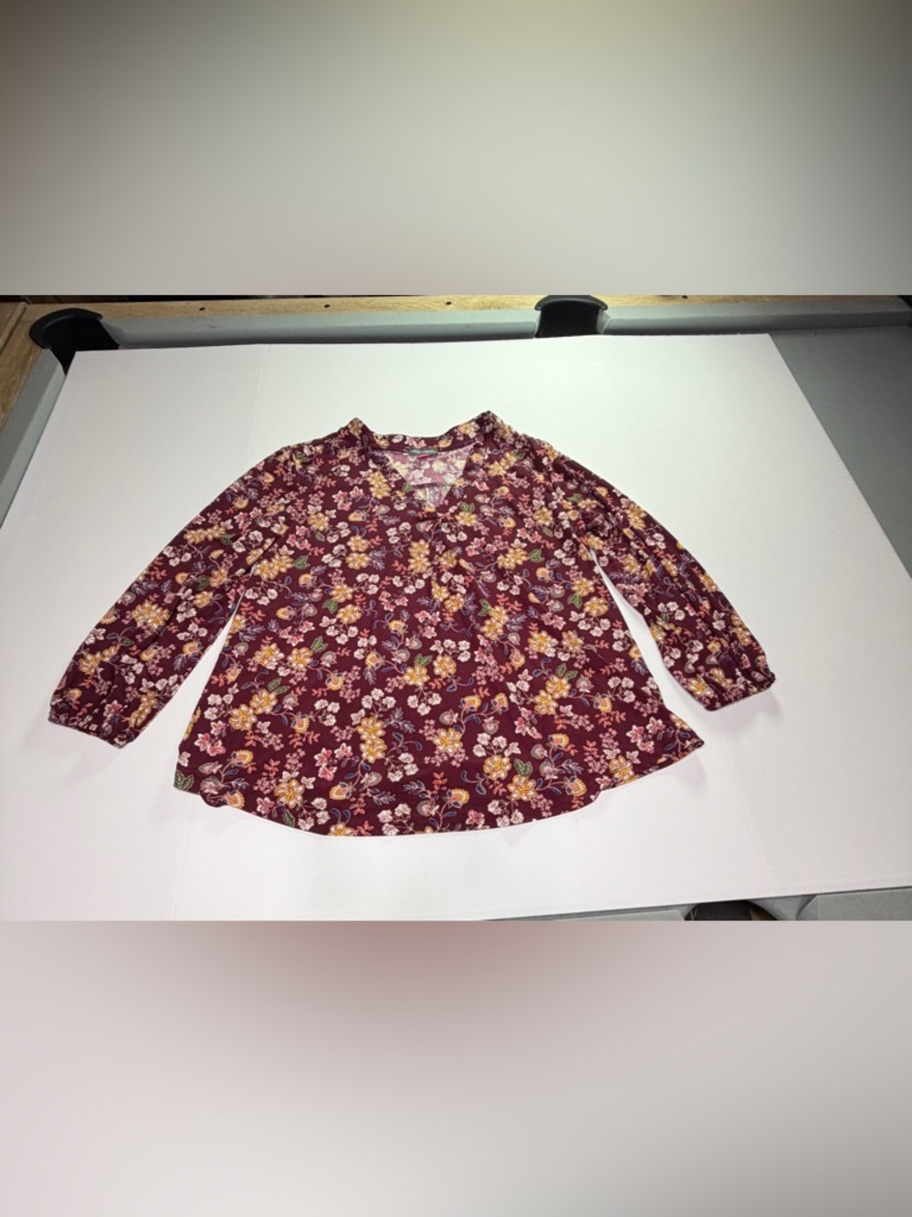 Vince Camuto Burgundy Floral Peasant Blouse Boho Long Sleeve Fall Top